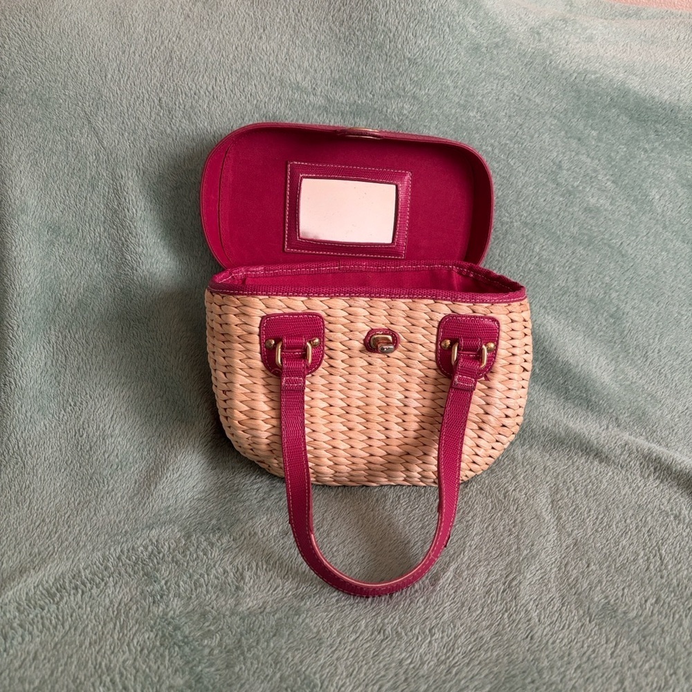 Vintage Vegetable Fiber Woven Basket Purse Top Handle Bag Pink Tan mirror - Picture 10 of 14
